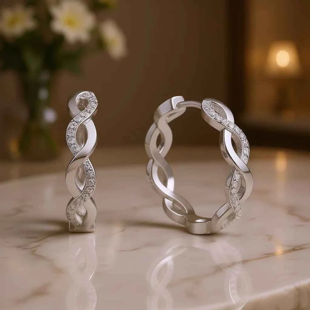E4555 White Gold Hoop Earrings With Round Diamond Channel Setting Women's Classic Fine Jewelry