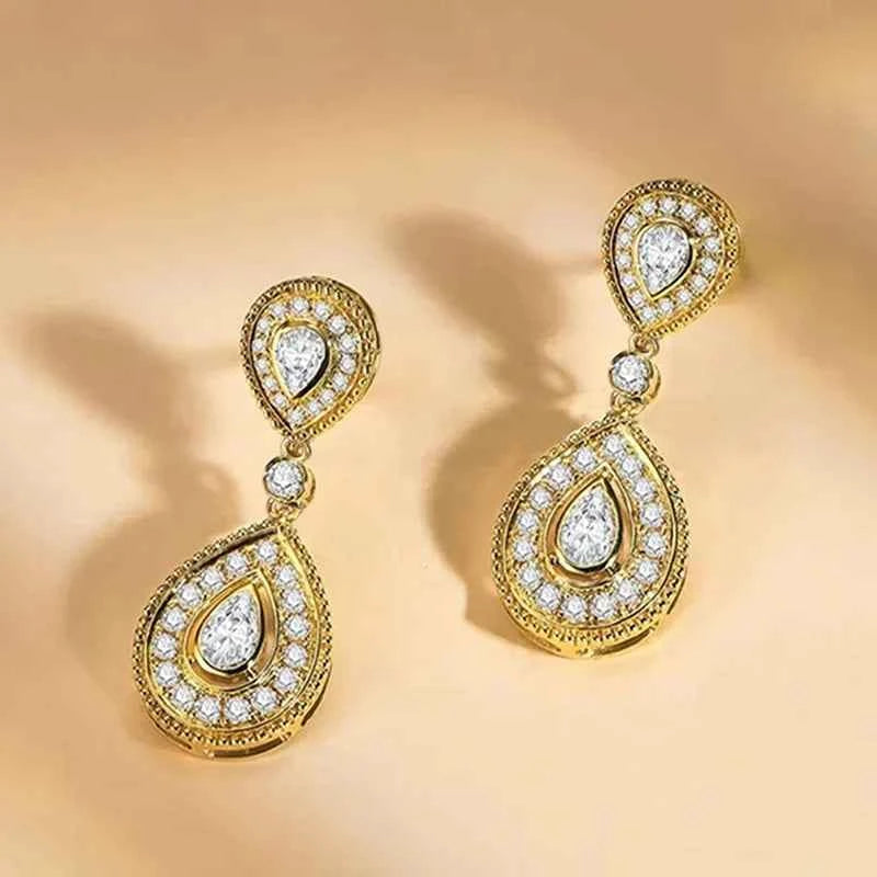 Golden Diamond Earrings 18K Solid Gold Pear Cut Natural Diamonds Classic Wedding Women's Jewelry with Side Stones
