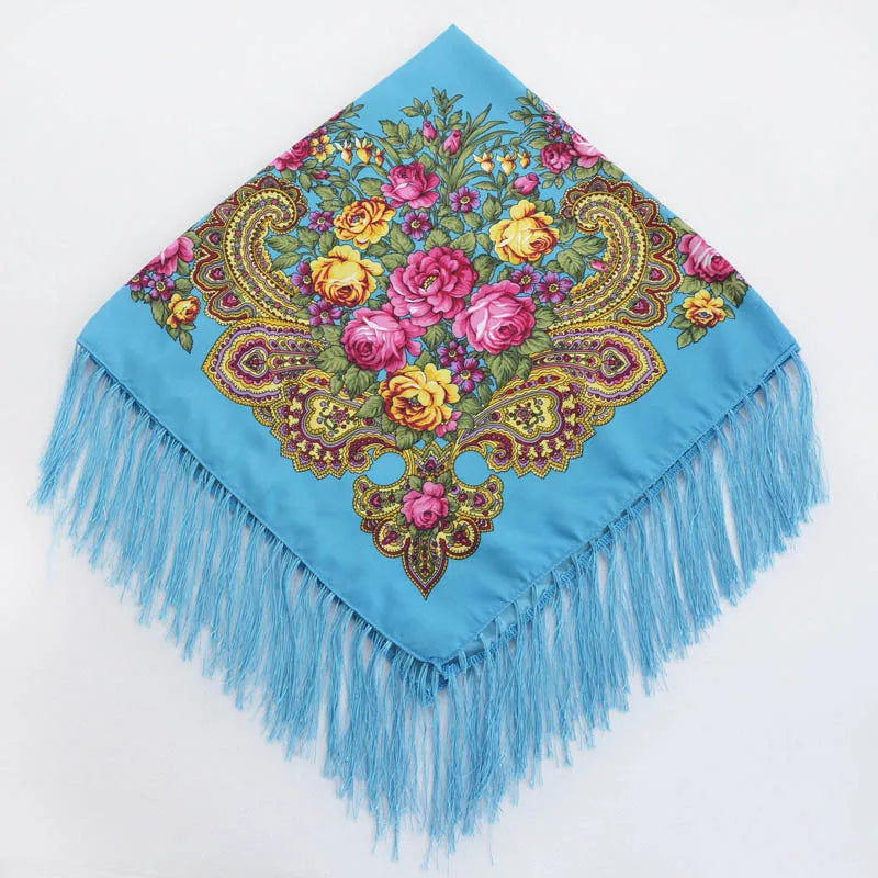 Luxury Floral Russian Scarf - Fringed Square Babushka Shawl