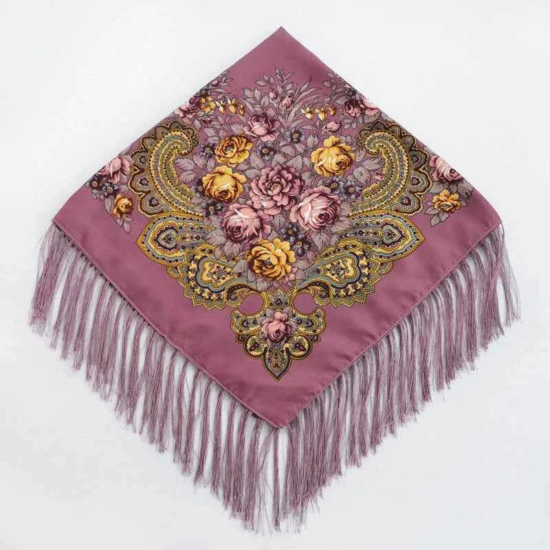 Luxury Floral Russian Scarf - Fringed Square Babushka Shawl