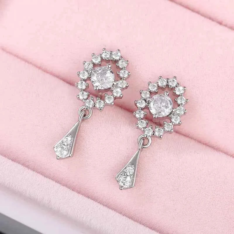 E2159 White Gold Flower Drop Earrings Crystal Rhinestone Claw Setting Classic Women's Wedding Jewelry