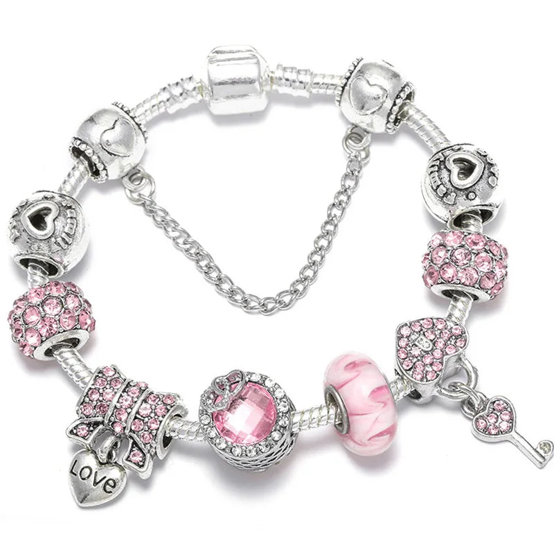 Elegant Crystal Flower Charm Bracelet - Gold Bead Design