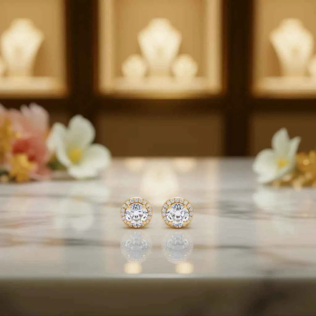 Pollination Gold Plated Stud Earrings With Round Diamond Bezel Setting For Women Classic Fashion Jewelry Gift