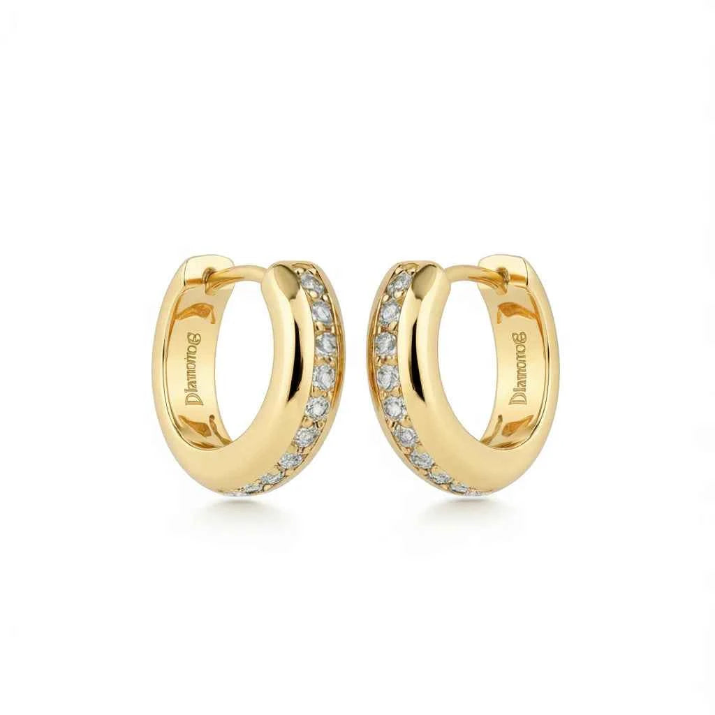 Solid gold hoop earrings - rose gold round brilliant cut diamond hoops on model