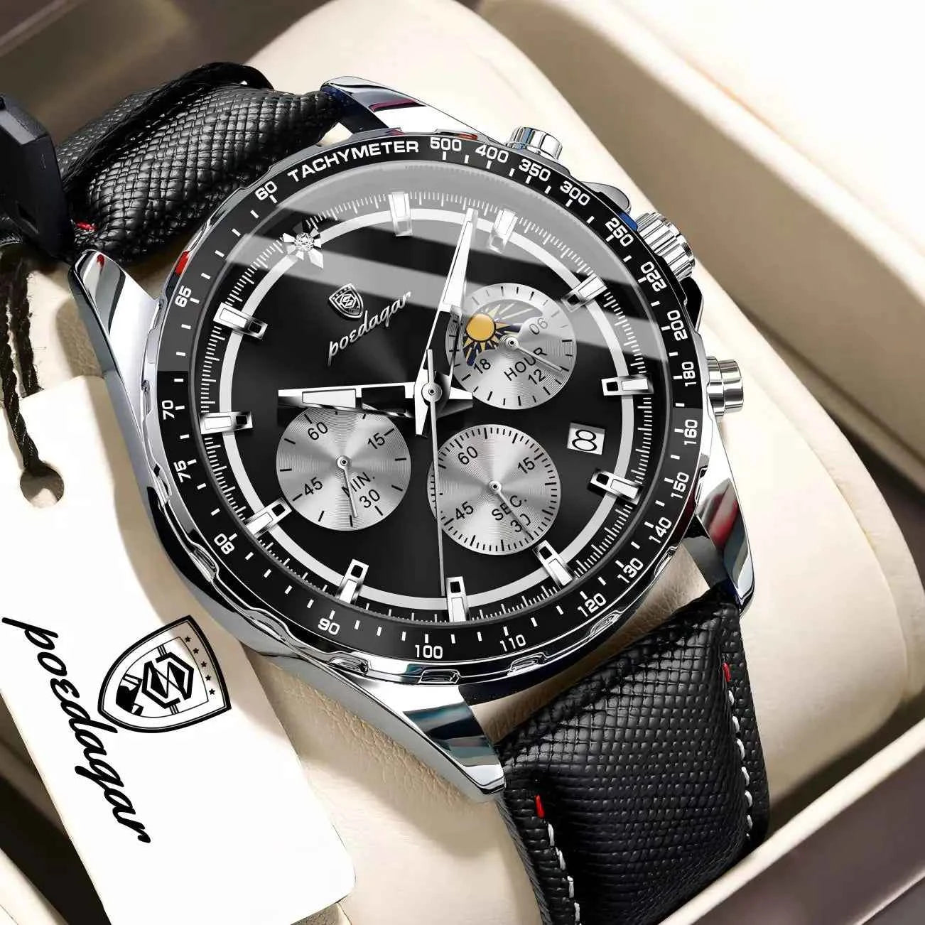 Men's leather chronograph watch with luminous dial and stainless steel case