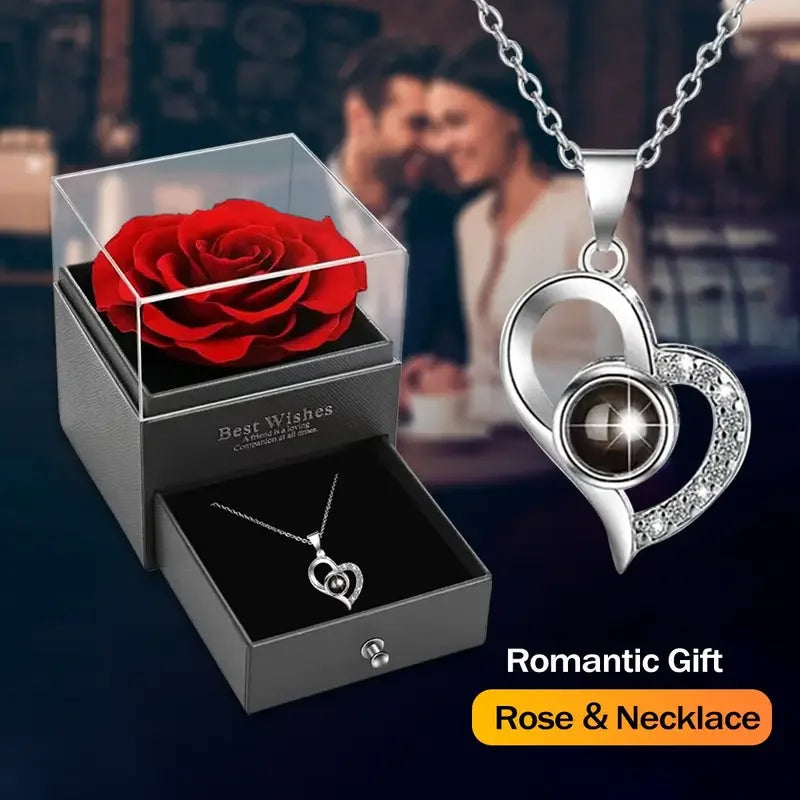 Elegant Artificial Flower Gift Box with "I Love You" Necklace