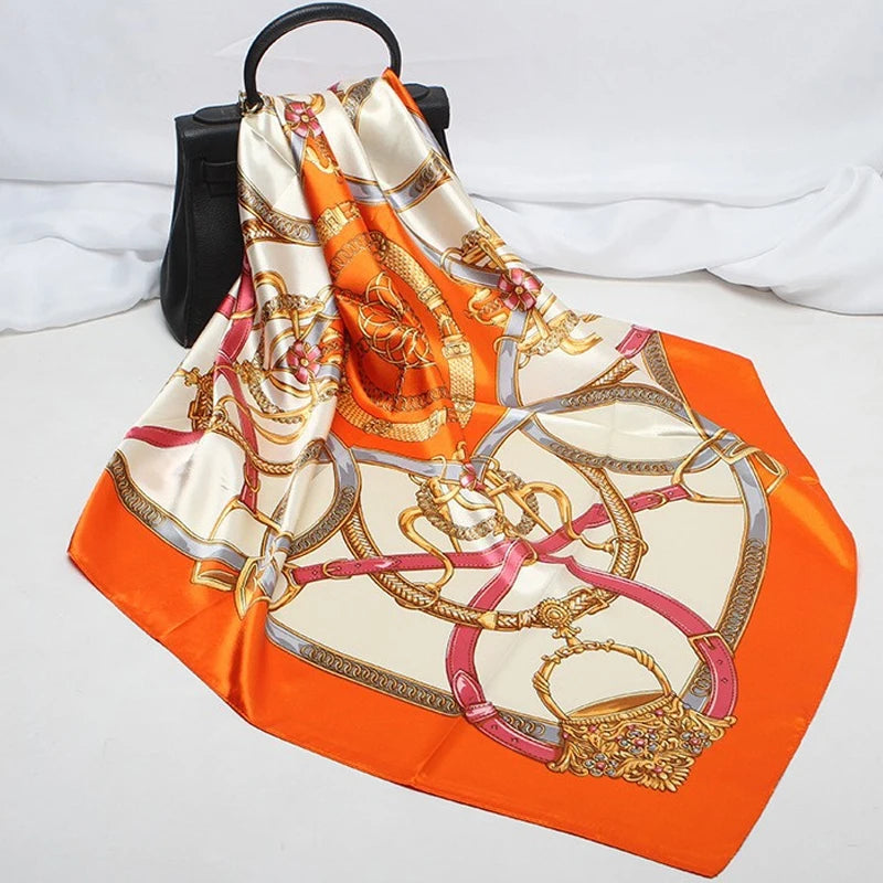 Luxury Print Satin Silk Hair Scarf - 90x90cm Big Square Shawl