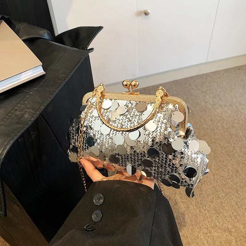 Elegant Sequins Evening Clutch Bag - Bling Chain Strap