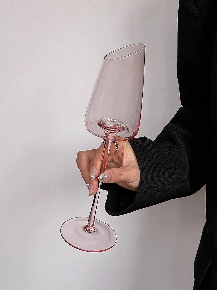 Elegant Pink Vintage Wine Glass - Slanted Mouth Design