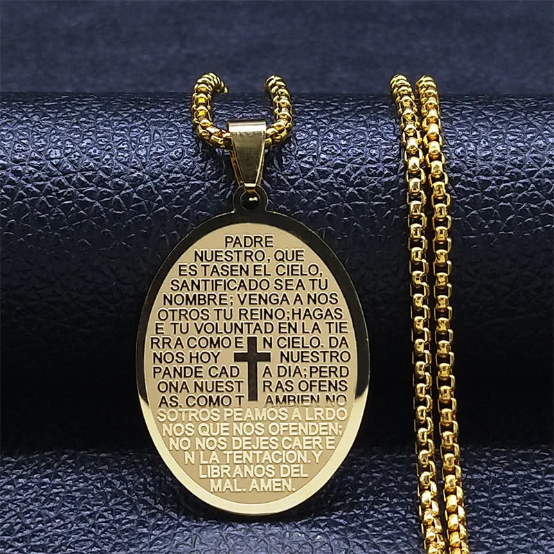 Elegant Bible Verse Cross Necklace - Spanish Lord's Prayer
