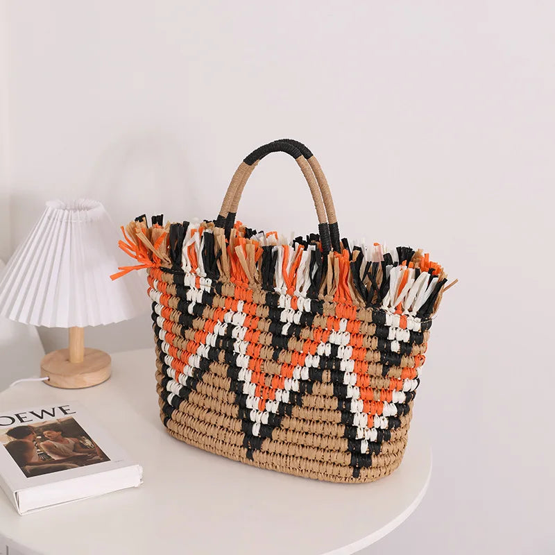 Elegant Straw Beach Tote - Tassel Accent