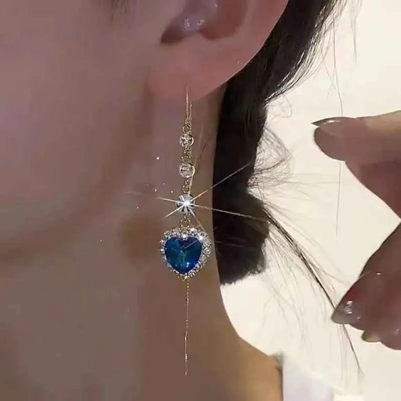 Elegant Blue Heart Zircon Tassel Dangle Earrings