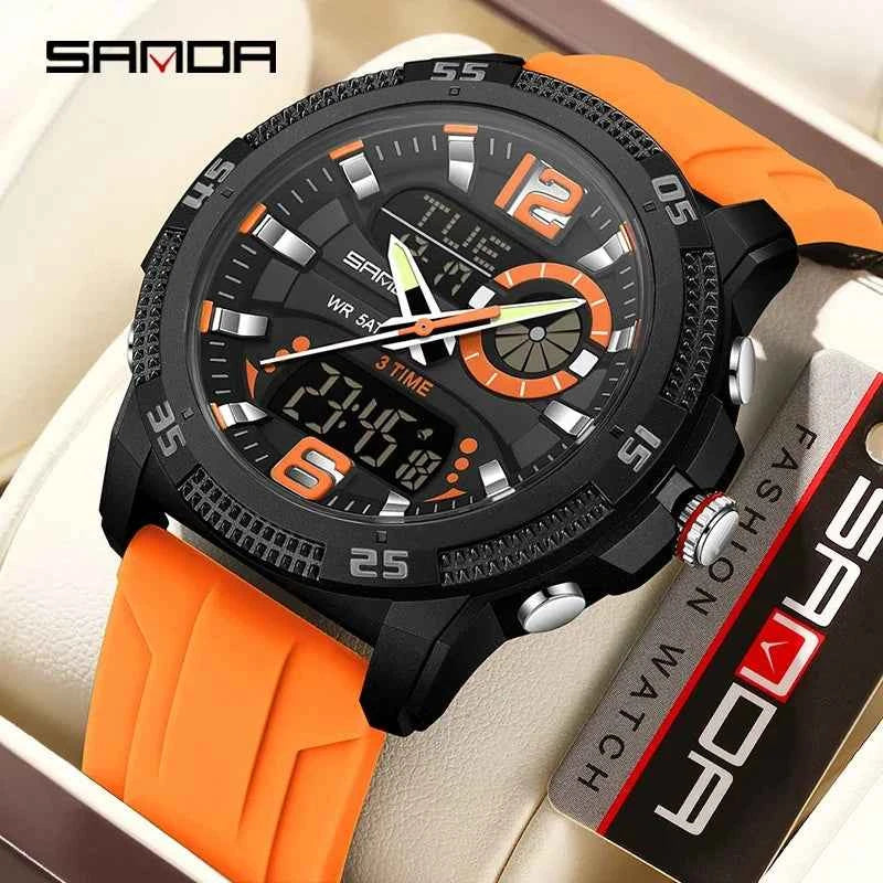 Men's sports watch with dual time LED display and silicone band