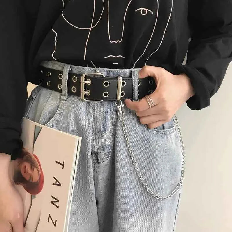 Luxury Women Leather Belt with Chain - Retro Punk Pin Buckle