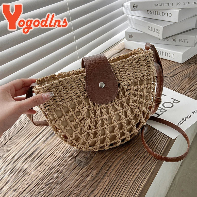 Elegant Straw Semicircle Bag - Chic Summer Crossbody