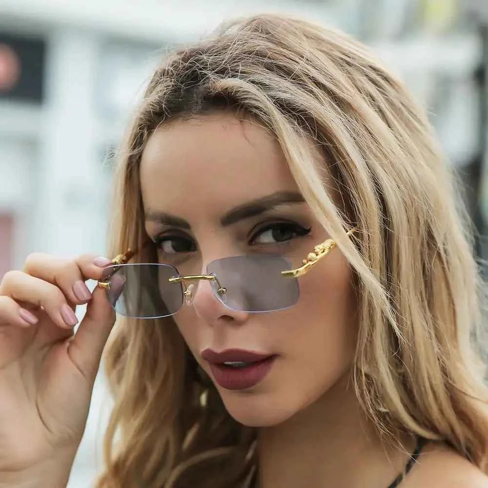 Luxury Rimless Square Sunglasses - Designer Metal Leopard Shade