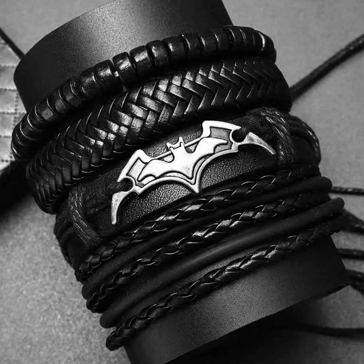 pu leather braided bracelet - black multi-layer punk design with bat accessories