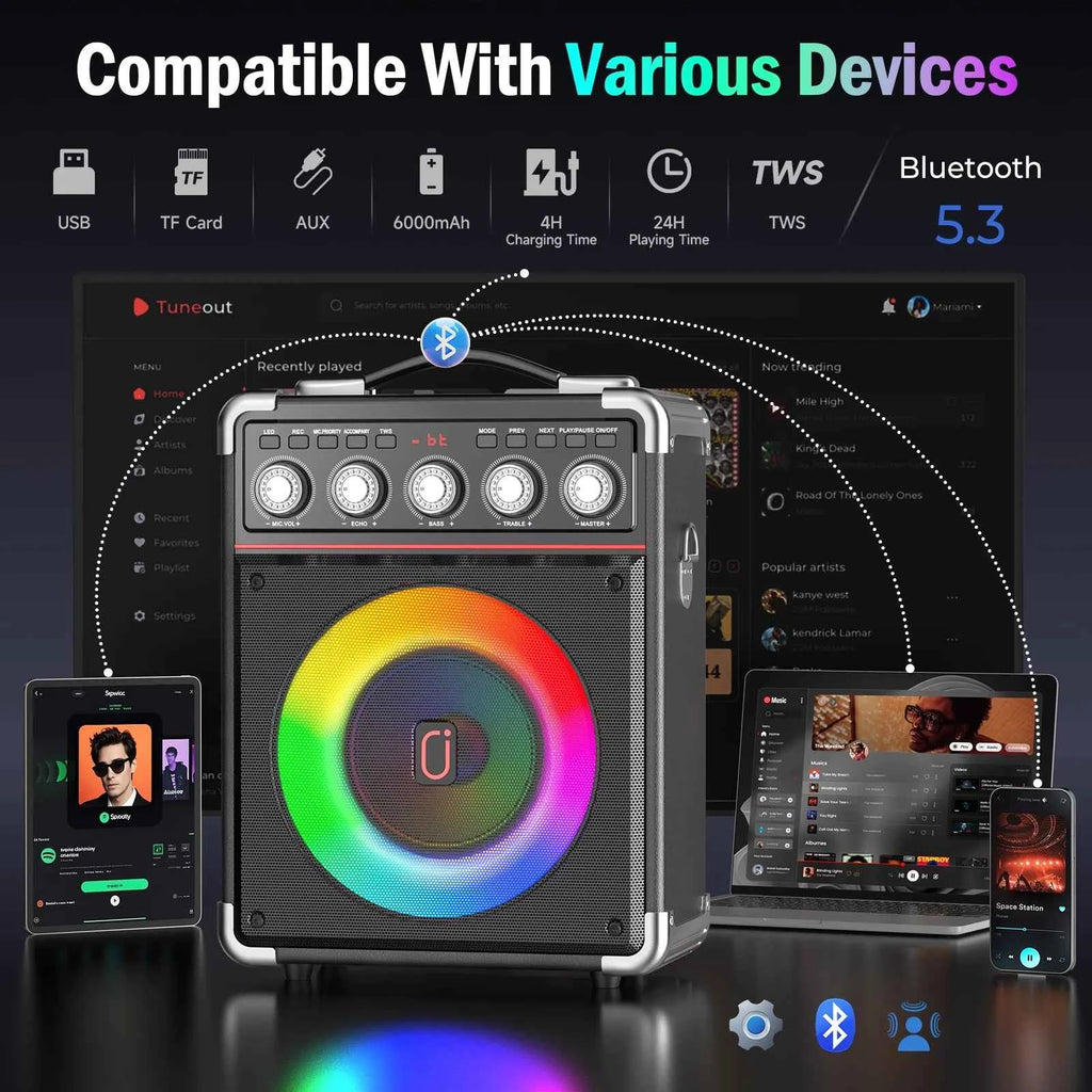Portable Bluetooth Speaker with 2 Microphones & LED Lights