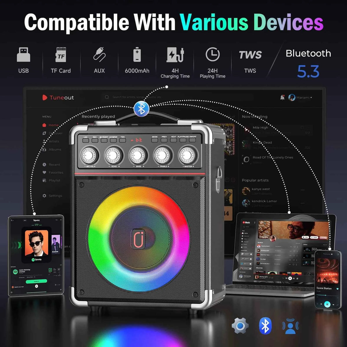 Portable Bluetooth Speaker with 2 Microphones & LED Lights