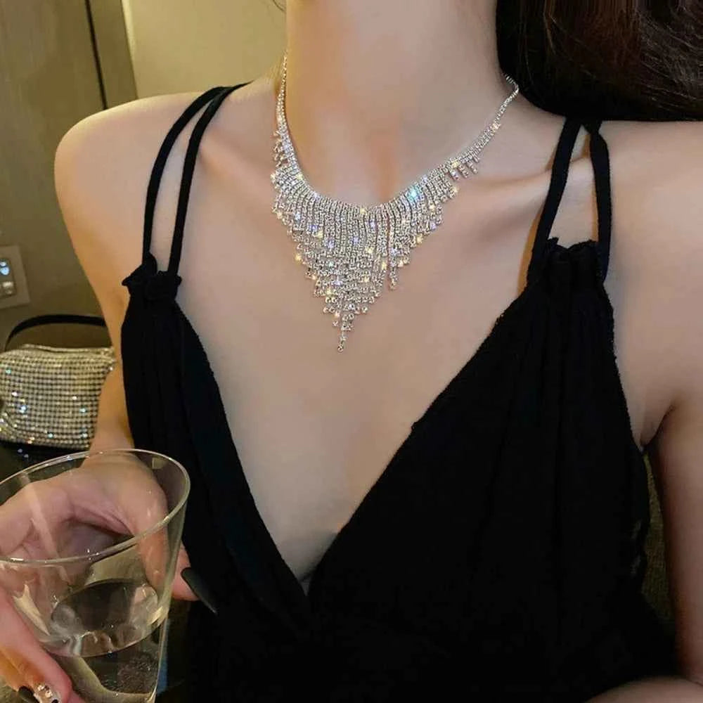 Stunning Rhinestone Tassel Necklace - Silver Bridal Jewelry