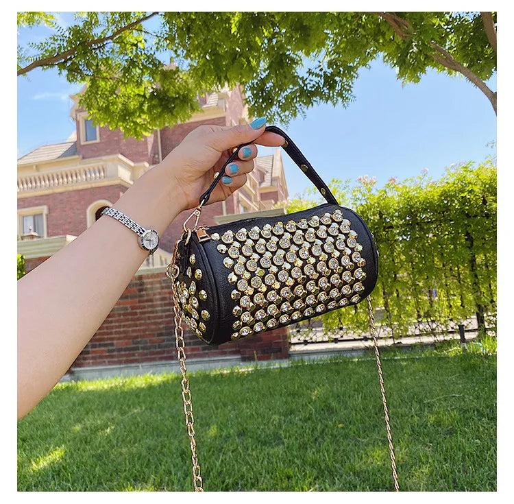 Elegant Cylindrical Shoulder Bag - Luxury Studded Design
