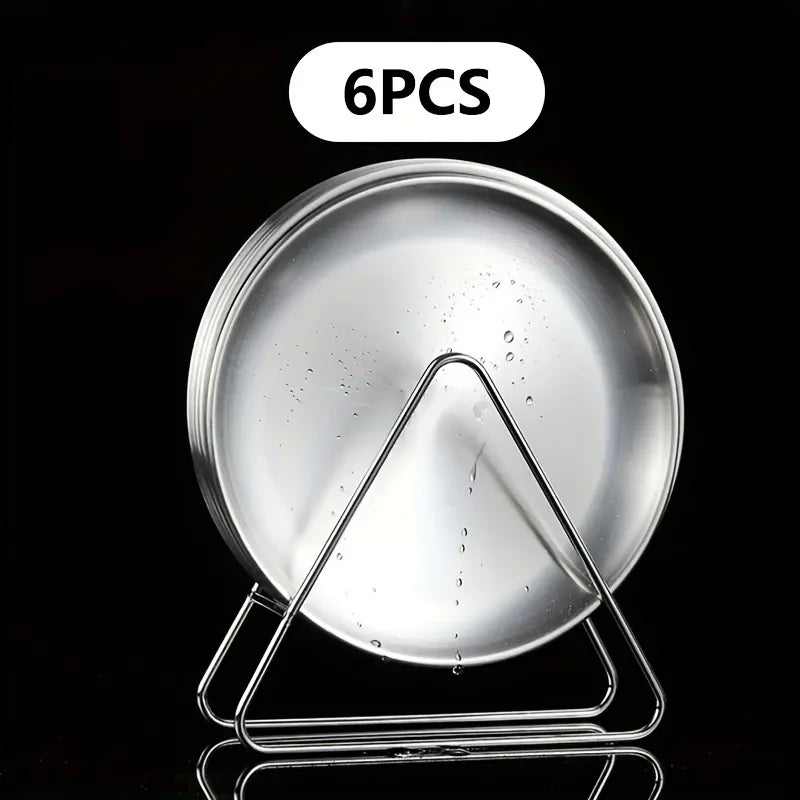 Premium Stainless Steel Camping Plates - 6-Piece Set with Rack