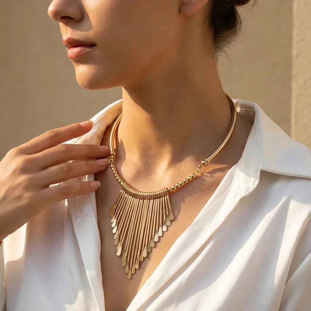 Elegant Bridal Choker Necklace - Gold Geometric Tassel Pendant