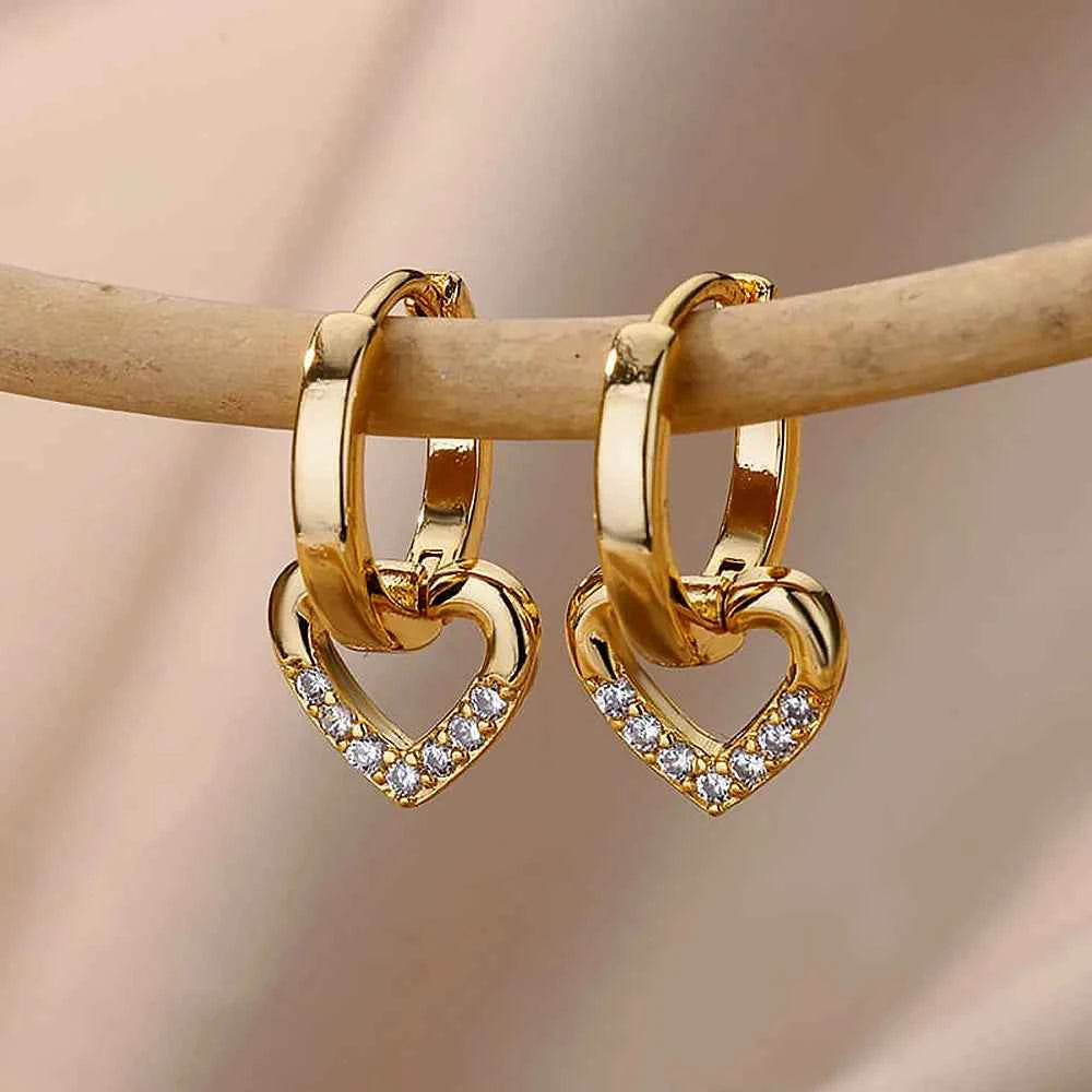 Elegant Gold Heart Earrings - Zircon Stainless Steel