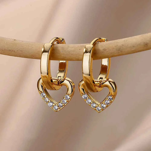 Elegant Gold Heart Earrings - Zircon Stainless Steel