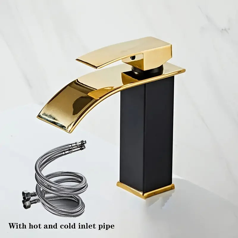 Luxury waterfall kitchen faucet - black golden finish with dual control handles and stainless steel alloy