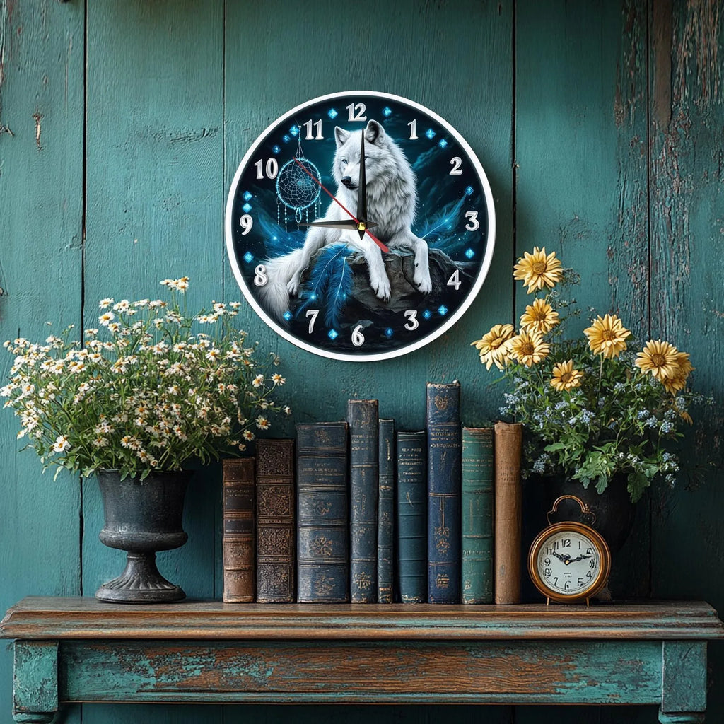 Elegant White Wolf Dreamcatcher Clock - Modern Wooden Wall Decor