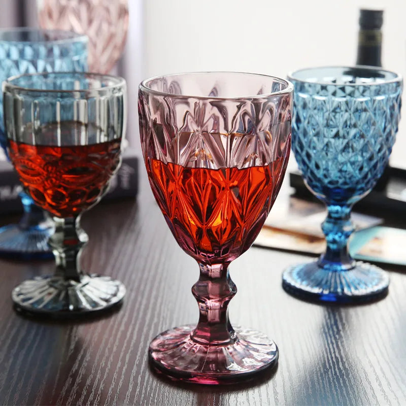 Vintage Colored Wine Glass - thickened glass with intricate relief design in a vibrant multi-color hue