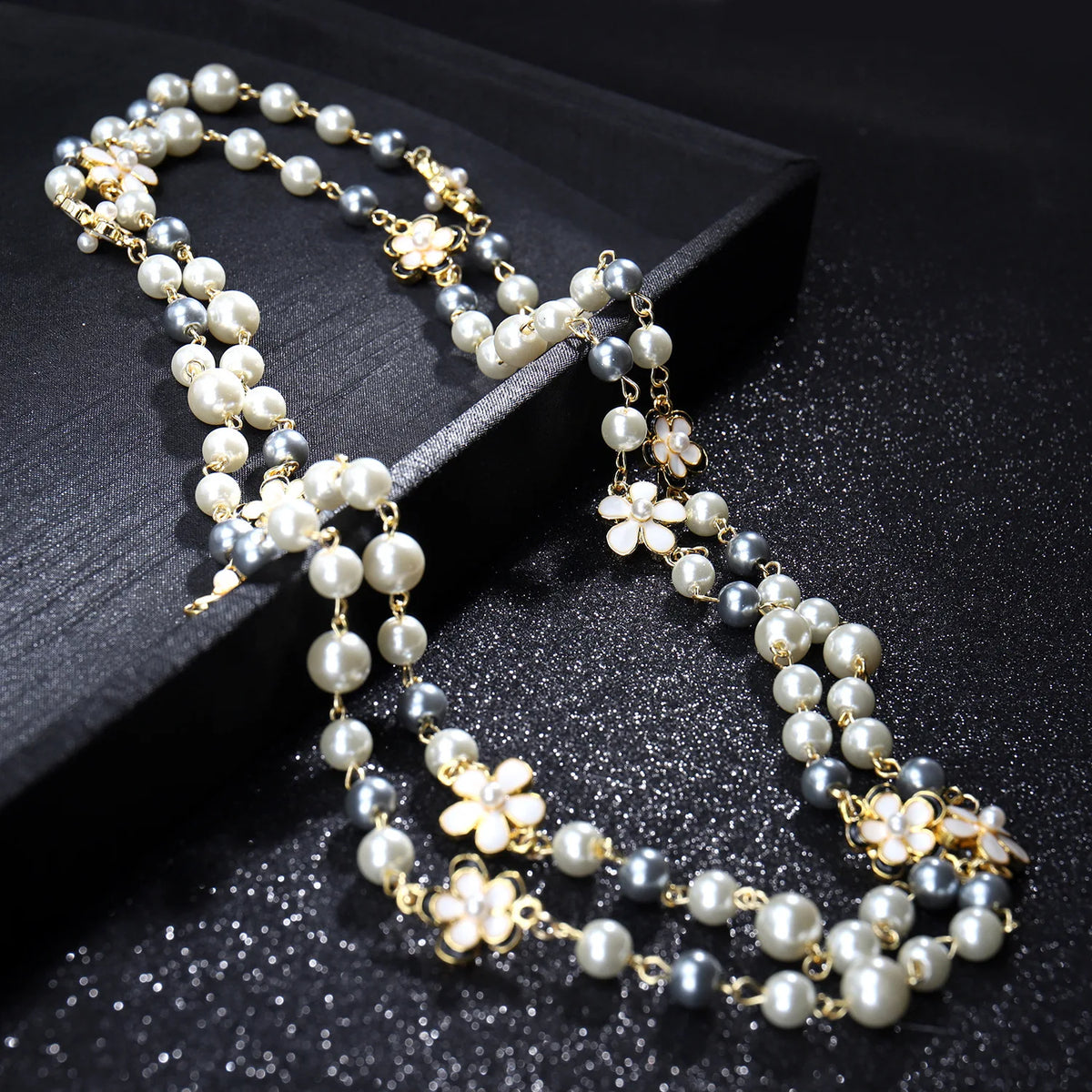 Elegant Long Pearl Necklace - Multilayer Camellia Flower Design