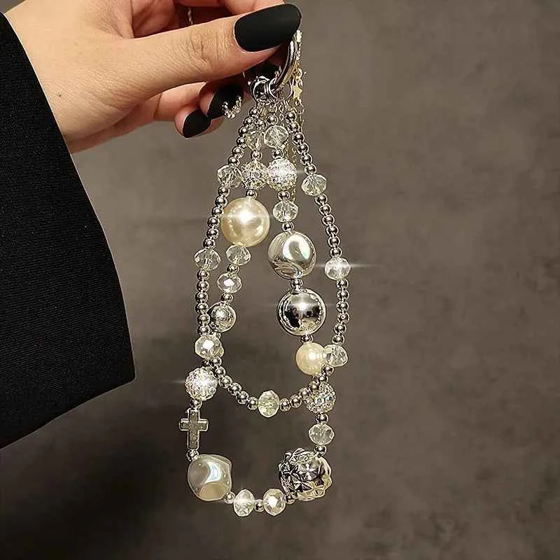 Luxurious Pearl Phone Lanyard - Elegant Crystal Double Chain