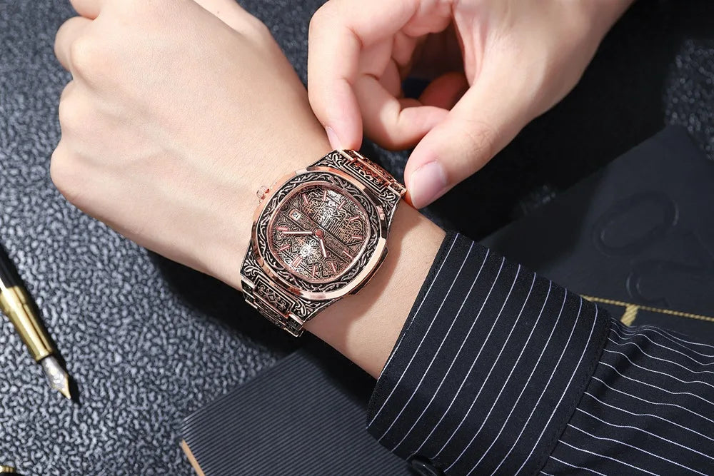 Elegant Men's Quartz Wristwatch - Embossed Stainless Steel
