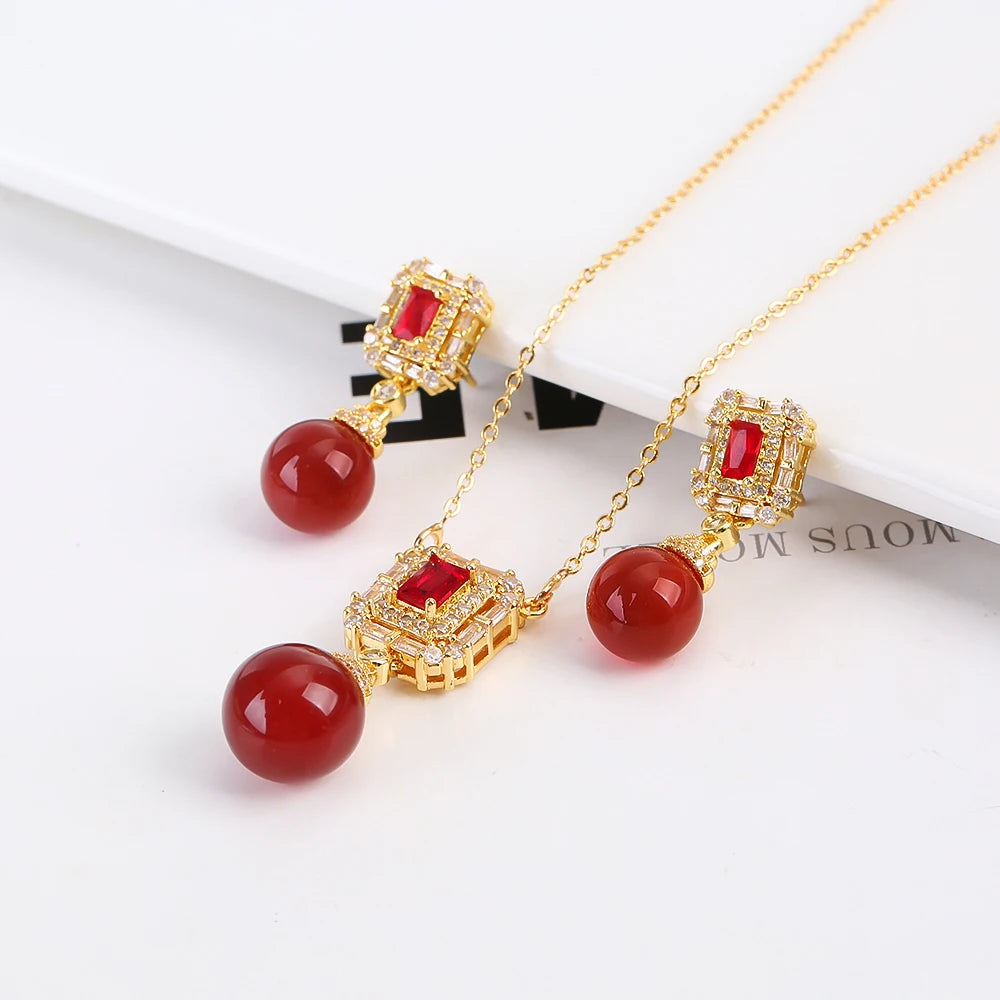 Luxury Pearl Pendant Necklace Earring Set - 18K Gold Plated