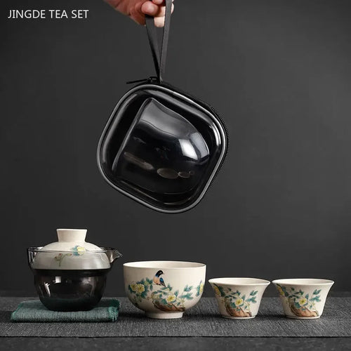 Portable Travel Tea Set - Hand-painted ceramic teaware with a pot and three cups, ideal for travel