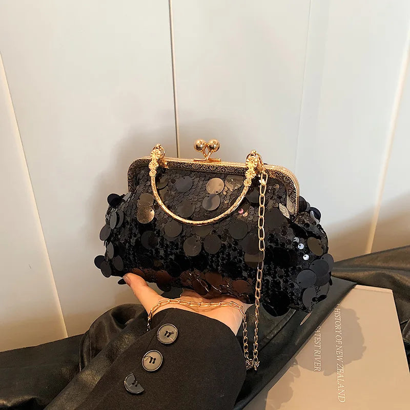 Elegant Sequins Evening Clutch Bag - Bling Chain Strap
