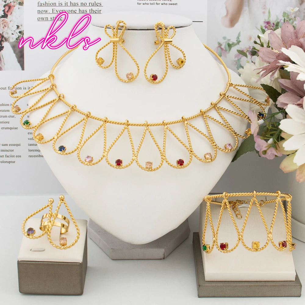 Luxury Gold Jewelry Set - Bridal Necklace & Earrings