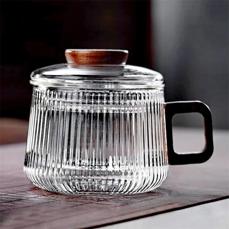 Premium Striped Glass Tea Mug - Wooden Handle & Separator