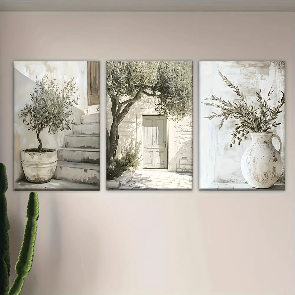 Frameless Olive Tree Canvas - Retro Mediterranean landscape wall art print for home decor