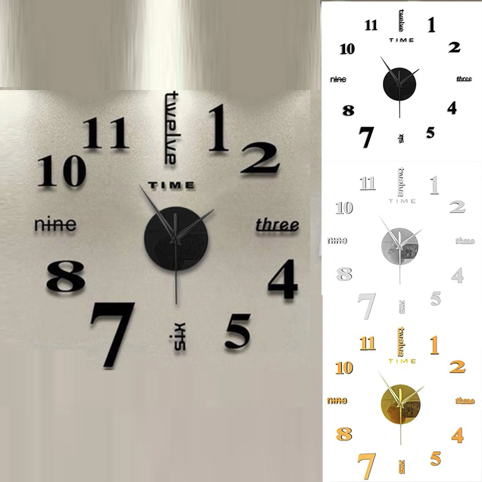 DIY wall clock - Modern mute digital sticker clock in black, gold, or silver