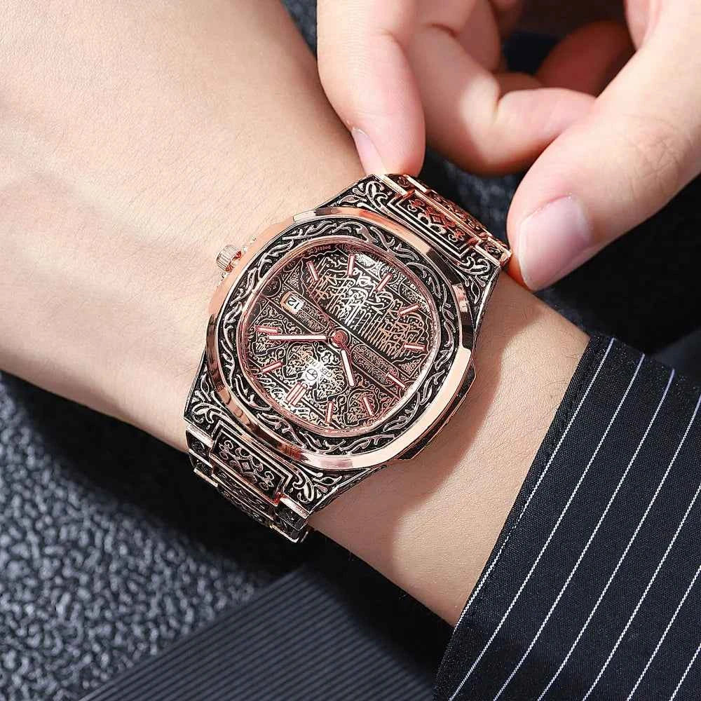 Elegant Men's Quartz Wristwatch - Embossed Stainless Steel
