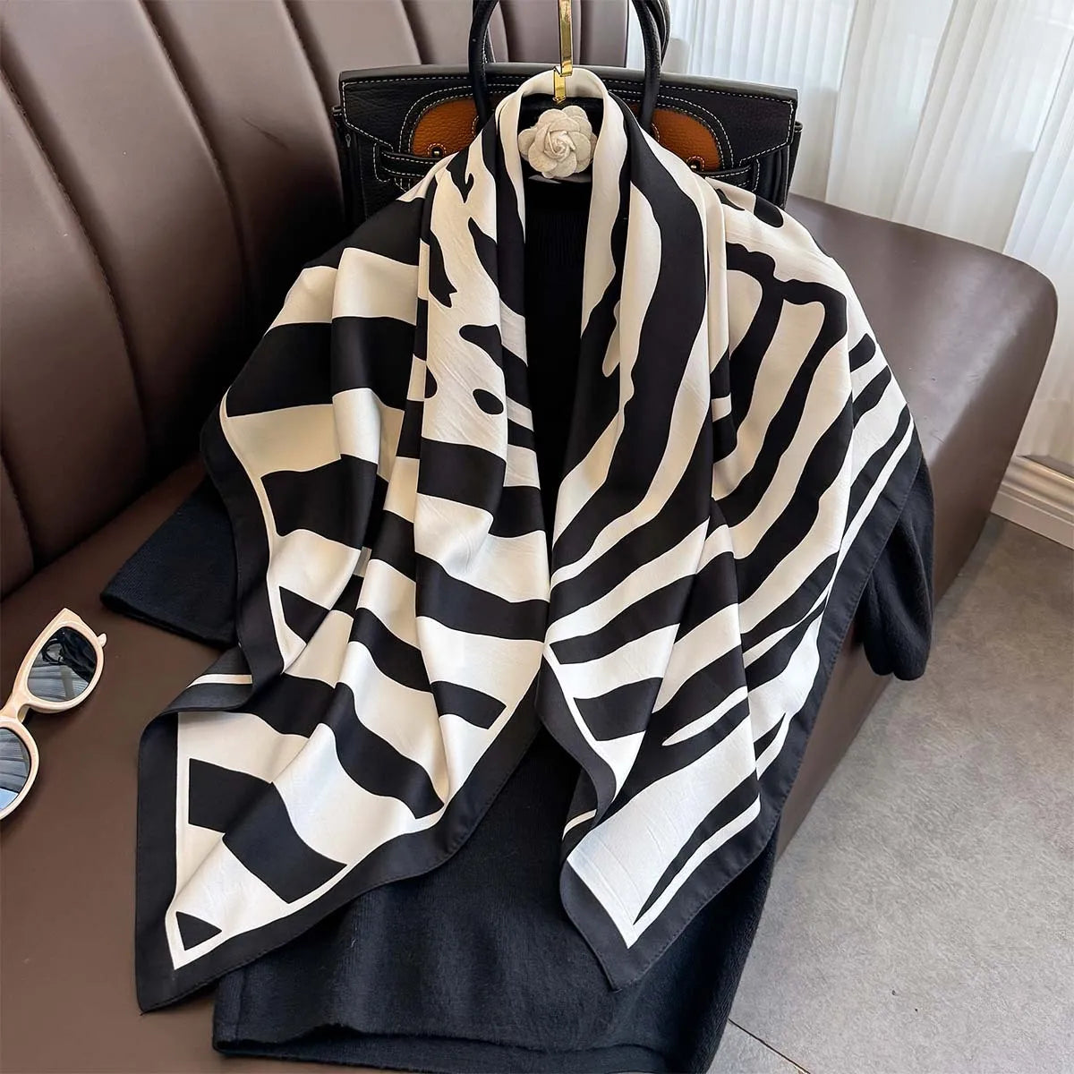 Luxury Square Silk Scarf - Elegant Tree Print Neck Shawl