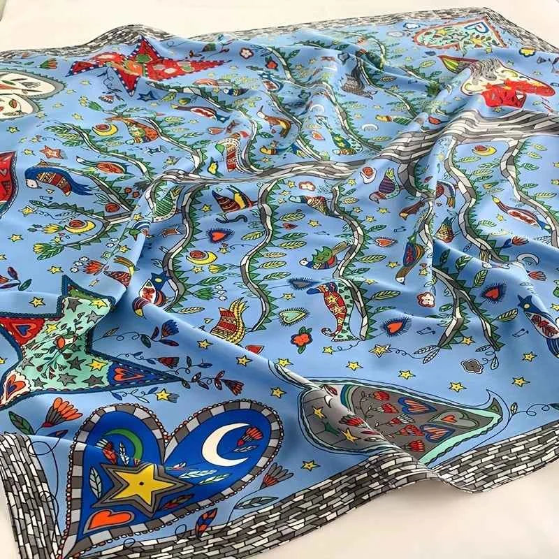 Luxury Square Silk Scarf - Elegant Tree Print Neck Shawl