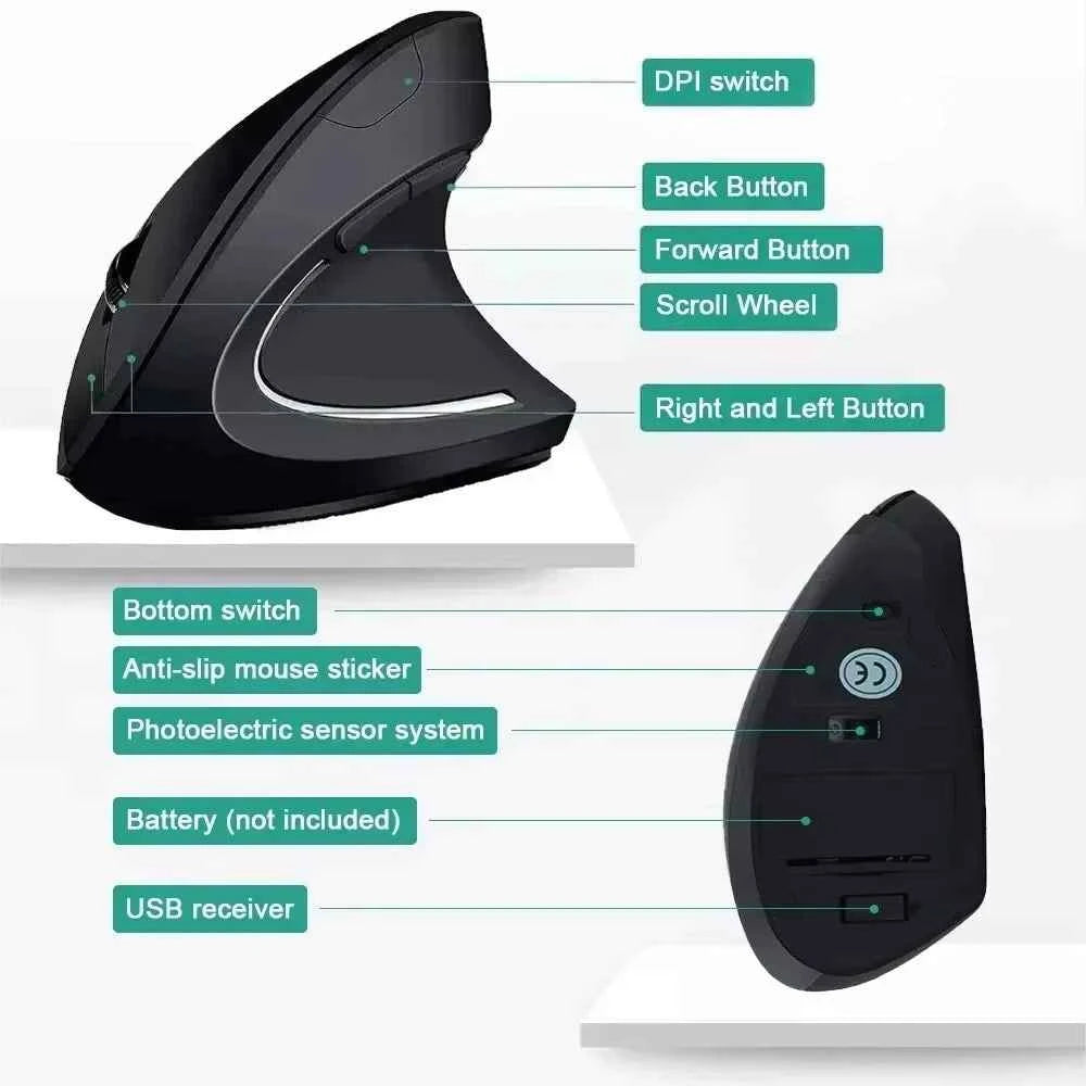 2.4GHz Wireless Vertical Mouse Ergonomic Optical Mice 3 Adjustable DPI 800/1200/1600 6 Buttons for Laptop PC Computer Desktop