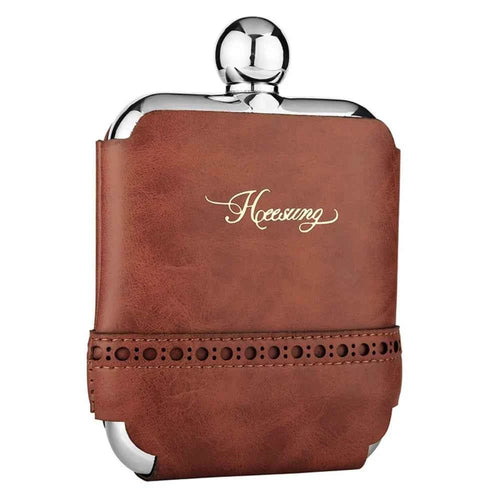 Pocket whiskey flask - stainless steel with brown leather cover