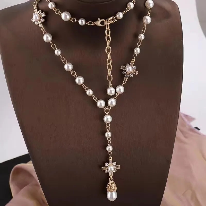Elegant Long Pearl Necklace - Multilayer Camellia Flower Design