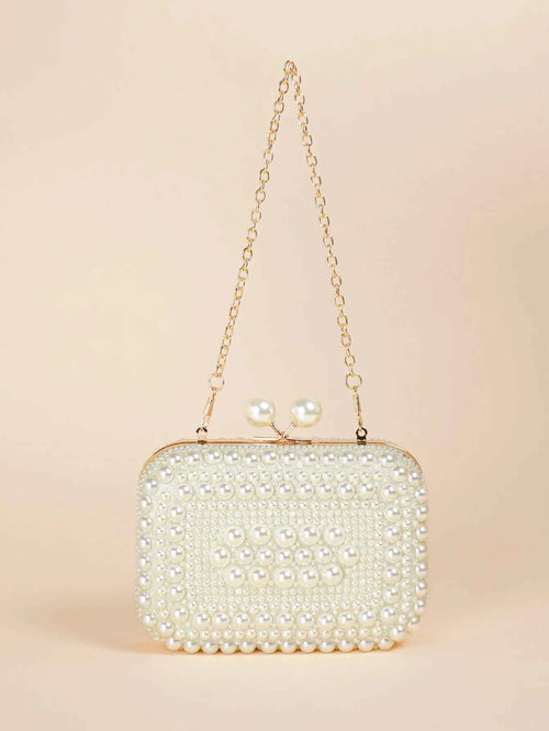 Elegant Pearl Bead Clutch - Glossy Kiss Lock Evening Bag