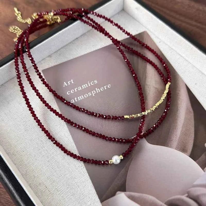 Elegant Red Pearl Glass Bead Necklace - Luxury Collarbone Chain